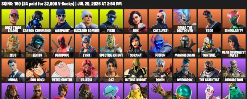 Fortnite Accounts listing: LVL 1410 - Rose Team Leader - Carbon Commando - 150 Outfits - 150 outfits