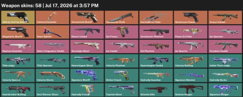 Valorant Accounts listing: LVL 99 · Kuronami no Yaiba & Velocity Karambit · 58 Skins - Platinum 2, 58 skins