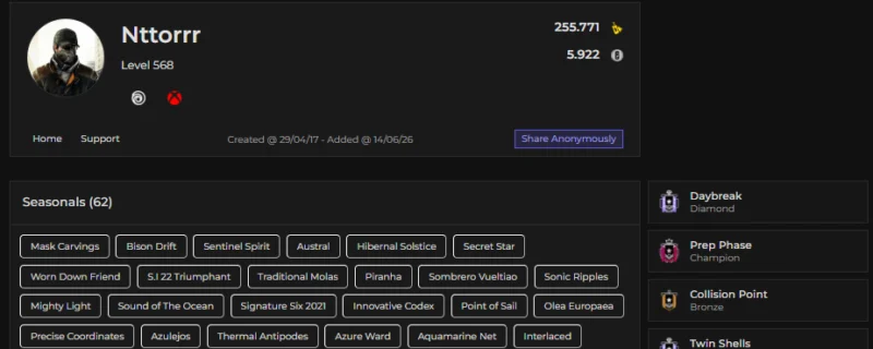 Rainbow Six Siege Accounts listing: LVL 568 5x Champion, 1.0 Diamond, 62 Seasonals, 32 Black Ice - Champion, 32 Black Ice