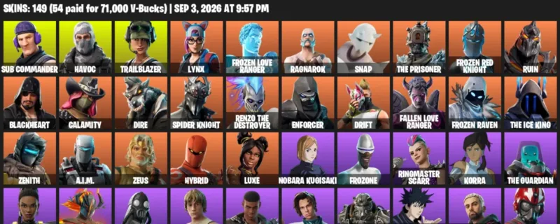 Fortnite account inventory for LVL 1403 - Sub Commander - Havoc - 149 Outfits