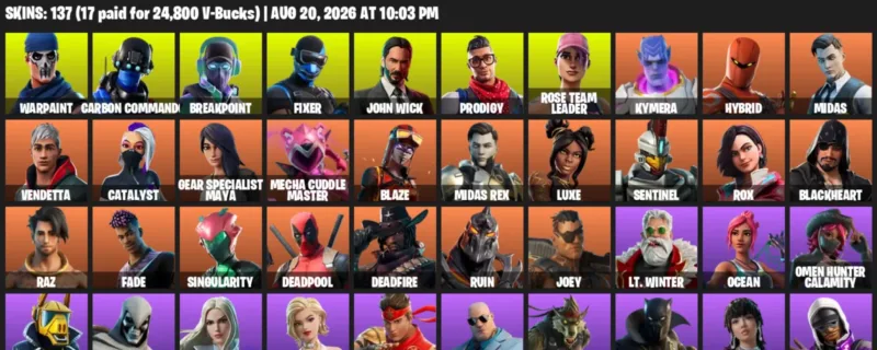 Fortnite account inventory for LVL 1591 - Warpaint - Carbon Commando - 137 Outfits