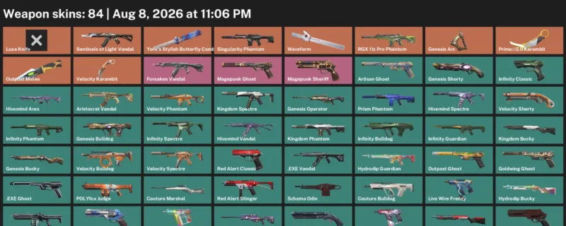 Valorant account inventory for LVL 171 · 2.0 Karambit & Velocity Karambit