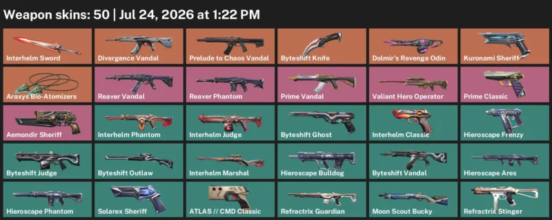 Valorant Accounts listing: LVL 97 · Byteshift Knife & Interhelm Sword · 50 Skins - Bronze 1, 50 skins
