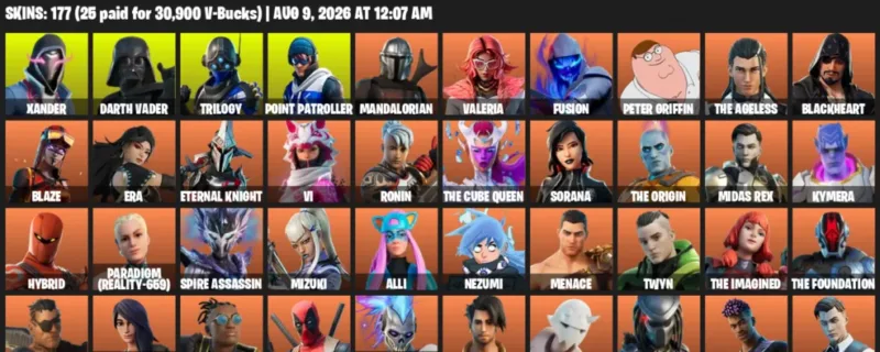 Fortnite account inventory for LVL 2811 - Xander - Darth Vader - 177 Outfits