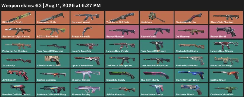 Valorant account inventory for LVL 173 · Nocturnum Scythe & Reaver Karambit & Xenohunter Knife