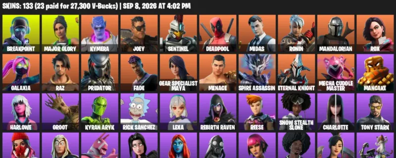 Fortnite account inventory for LVL 1775 - Breakpoint - Major Glory - 133 Outfits