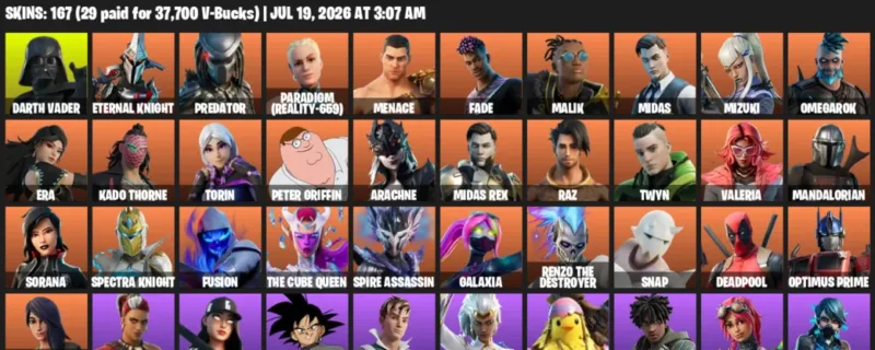 Fortnite Accounts listing: LVL 2791 - Darth Vader - Eternal Knight - 167 Outfits - 167 outfits