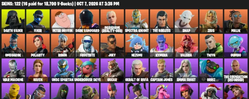 Fortnite account inventory for Darth Vader - Fixer - 120 Outfits
