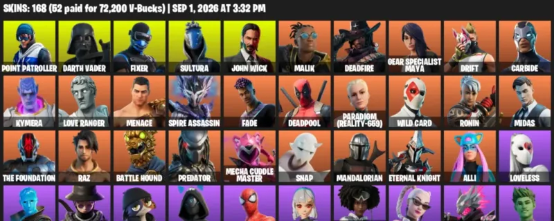 Fortnite account inventory for LVL 1868 - Point Patroller - Darth Vader - 168 Outfits