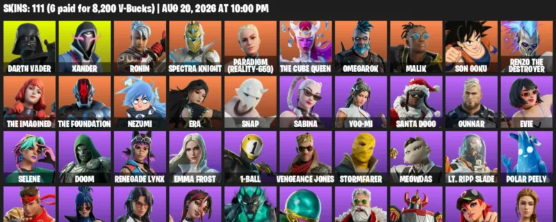 Fortnite account inventory for LVL 1392 - Darth Vader - Xander - 111 Outfits