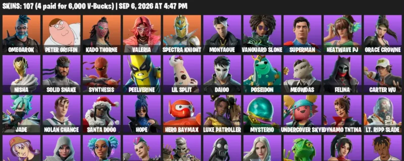 Fortnite account inventory for LVL 1715 - Omegarok - Peter Griffin - 107 Outfits