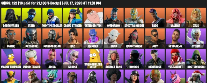 Fortnite Accounts listing: LVL 1804 - Darth Vader - Fixer - 122 Outfits - 122 outfits