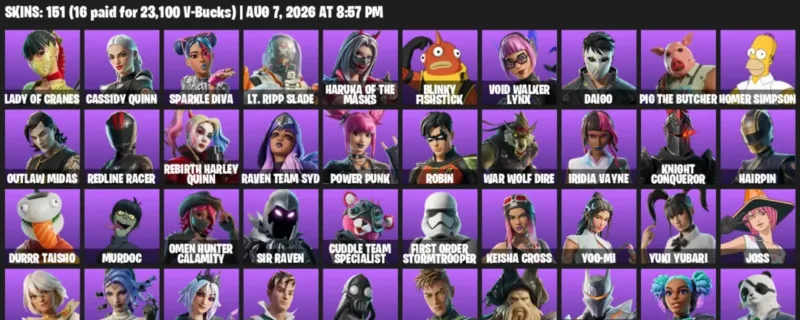 Fortnite account inventory for LVL 1953 - Lady of Cranes - Cassidy Quinn - 151 Outfits
