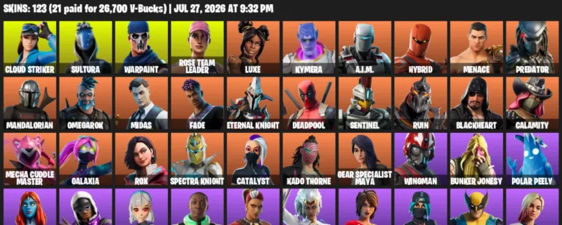 Fortnite Accounts listing: LVL 1385 - Cloud Striker - Sultura - 123 Outfits - 123 outfits