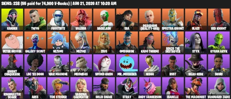 Fortnite account inventory for LVL 1891 - Xander - Twyn - 238 Outfits