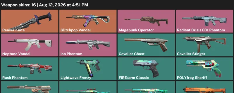Valorant account inventory for LVL 96 · Reaver Knife & Glitchpop Vandal