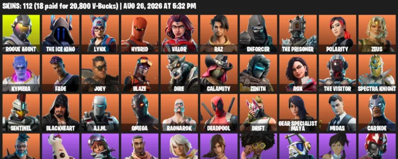 Fortnite account inventory for LVL 1323 - Rogue Agent - The Ice King - 112 Outfits