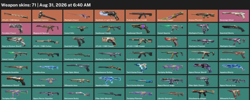 Valorant account inventory for LVL 128 · Araxys Phantom & 71 Skins Sandswept Dagger