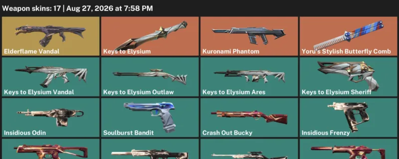 Valorant account inventory for LVL 38 · Elderflame Vandal & Crash Out Bucky