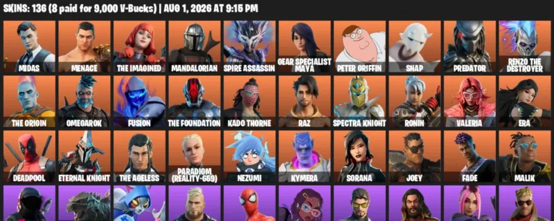Fortnite account inventory for LVL 2288 - Midas - Menace - 136 Outfits