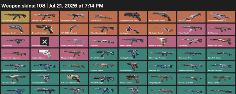 Valorant Accounts listing: LVL 163 · Shellspire Sword & VCT 2025 Karambit · 108 Skins - Silver 2, 108 skins