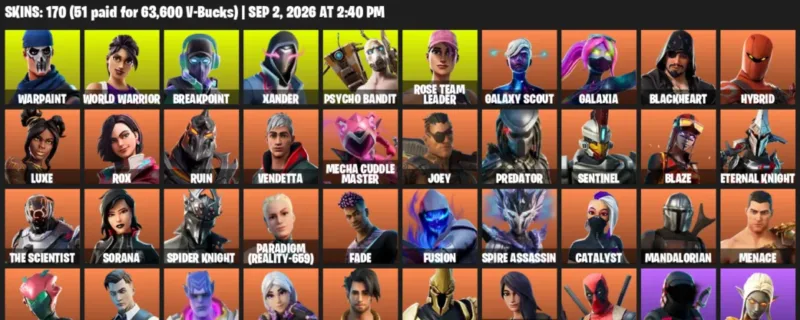 Fortnite account inventory for LVL 2207 - Warpaint - World Warrior - 170 Outfits
