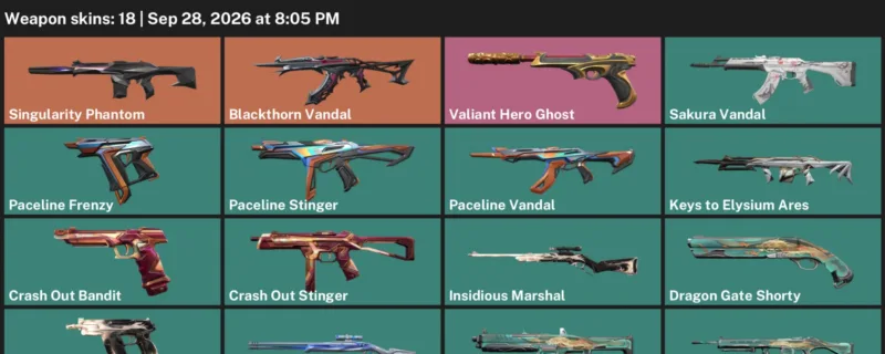Valorant account inventory for LVL 29 · 18 Skins Blackthorn Vandal