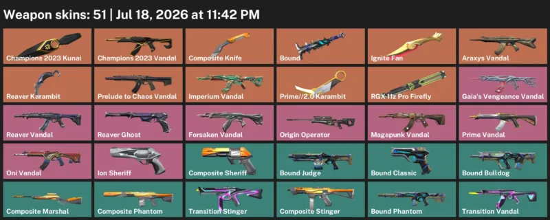 Valorant Accounts listing: LVL 86 · Champions 2023 Kunai & Composite Knife · 51 Skins - Bronze 1, 51 skins