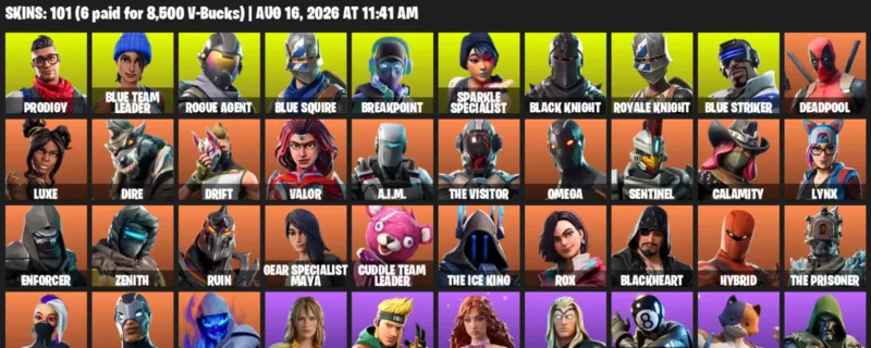 Fortnite account inventory for LVL 1373 - Prodigy - Blue Team Leader - 101 Outfits