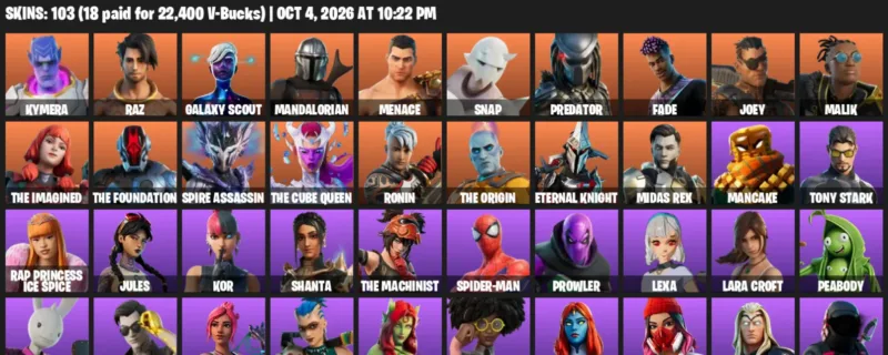 Fortnite account inventory for Kymera - Raz - 103 Outfits