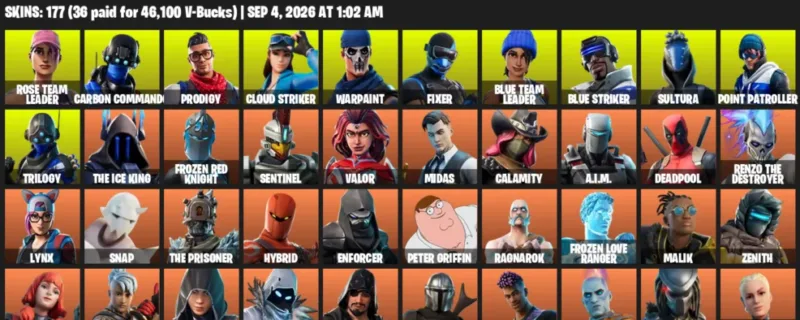 Fortnite account inventory for LVL 2366 - Rose Team Leader - Carbon Commando - 177 Outfits