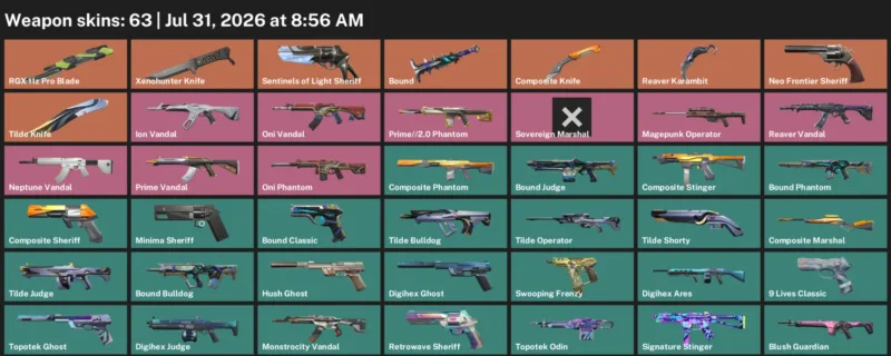 Valorant Accounts listing: LVL 231 · Composite Knife & Reaver Karambit · 63 Skins - Gold 1, 63 skins