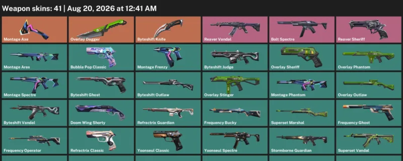 Valorant account inventory for LVL 133 · Byteshift Knife & Overlay Dagger & 41 Skins Byteshift Knife