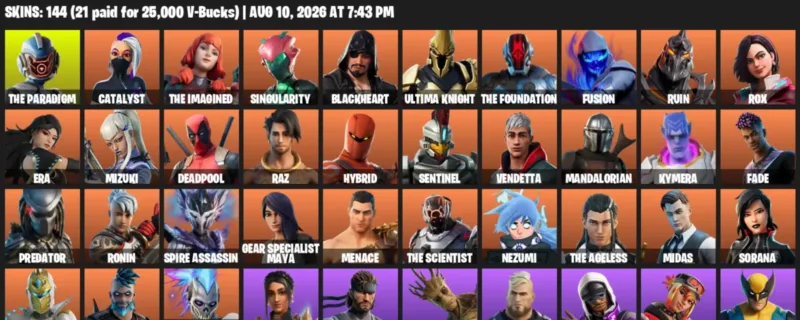 Fortnite account inventory for LVL 1907 - The Paradigm - Catalyst - 144 Outfits