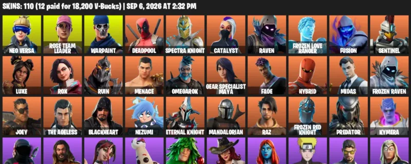 Fortnite account inventory for LVL 1471 - Neo Versa - Rose Team Leader - 110 Outfits