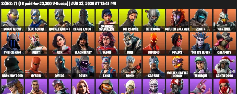 Fortnite account inventory for LVL 1178 - Rogue Agent - Blue Squire - 77 Outfits