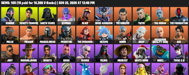 Fortnite account inventory for LVL 2229 - Xander - Trinity Trooper - 105 Outfits