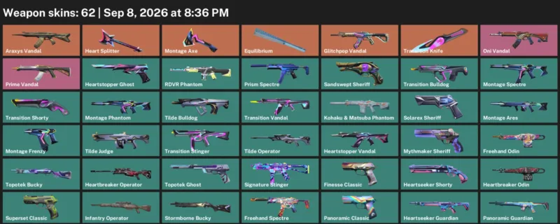 Valorant account inventory for LVL 198 · Transition Knife & Araxys Vandal