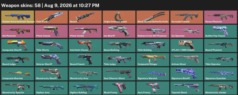 Valorant account inventory for LVL 235 · Tilde Knife & Origin Crescent Blade