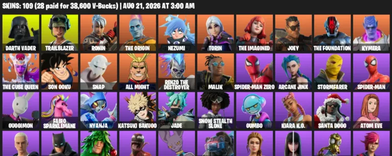 Fortnite account inventory for LVL 1185 - Darth Vader - Trailblazer - 109 Outfits
