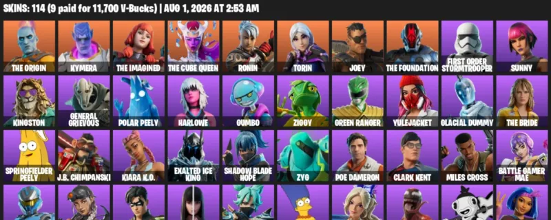 Fortnite account inventory for LVL 2388 - The Origin - Kymera - 114 Outfits