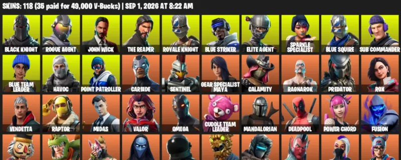 Fortnite account inventory for LVL 1253 - Black Knight - Rogue Agent - 118 Outfits
