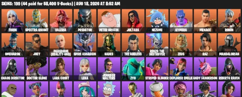 Fortnite account inventory for LVL 1669 - Torin - Spectra Knight - 199 Outfits