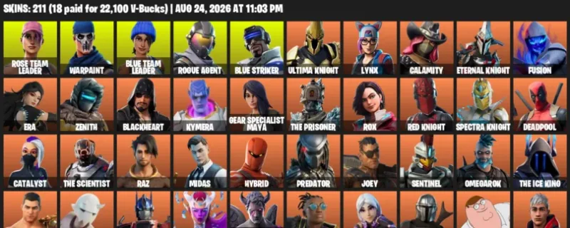 Fortnite account inventory for LVL 2516 - Rose Team Leader - Warpaint - 211 Outfits