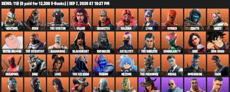 Fortnite account inventory for LVL 2249 - Sentinel - Ruin - 118 Outfits
