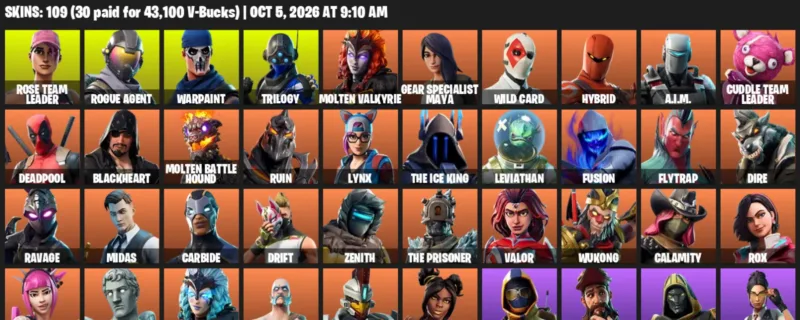 Fortnite account inventory for Rose Team Leader - Rogue Agent - 109 Outfits