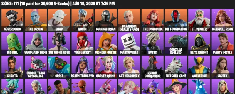 Fortnite account inventory for LVL 2147 - Supersonic - The Origin - 111 Outfits