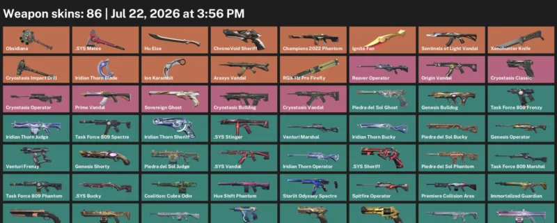 Valorant Accounts listing: LVL 160 · .SYS Melee & Ignite Fan · 86 Skins - Bronze 1, 86 skins