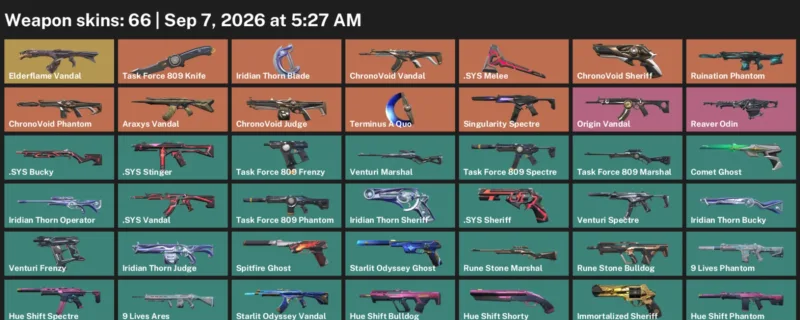 Valorant account inventory for LVL 182 · Iridian Thorn Blade & Task Force 809 Knife