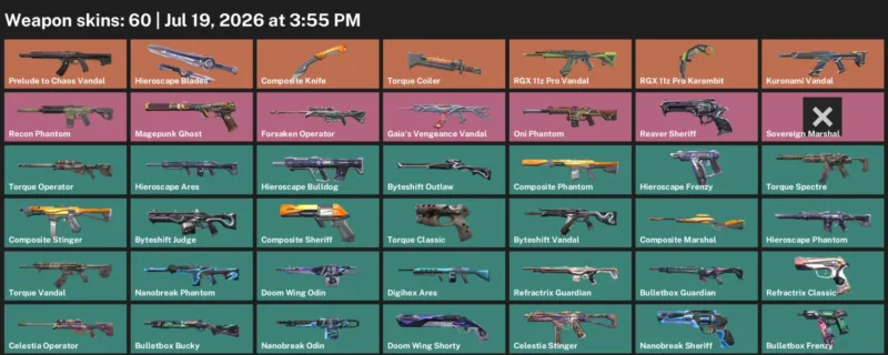 Valorant Accounts listing: LVL 81 · Composite Knife & RGX 11z Pro Karambit · 60 Skins - Bronze 2, 60 skins